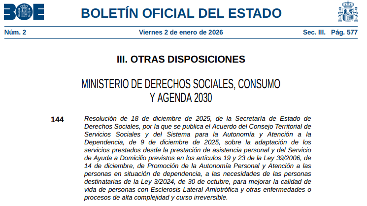 El BOE publica las nuevas condiciones de asistencia personal para pacientes con ELA