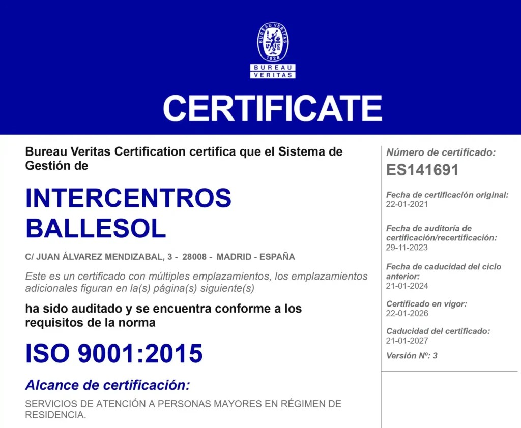 Tres residencias de Ballesol reciben la certificación ISO 9001 por su calidad en atención a mayores