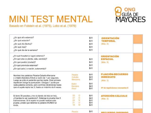 El rincón de la ONG. Test Alzheimer gratuito. Test Mini Mental para descubrir demencias seniles
