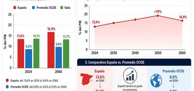 España es hoy el cuarto país de la OCDE con mayor gasto en pensiones como porcentaje del PIB, con un 13,6% en 2024. Pero según las proyecciones del informe
